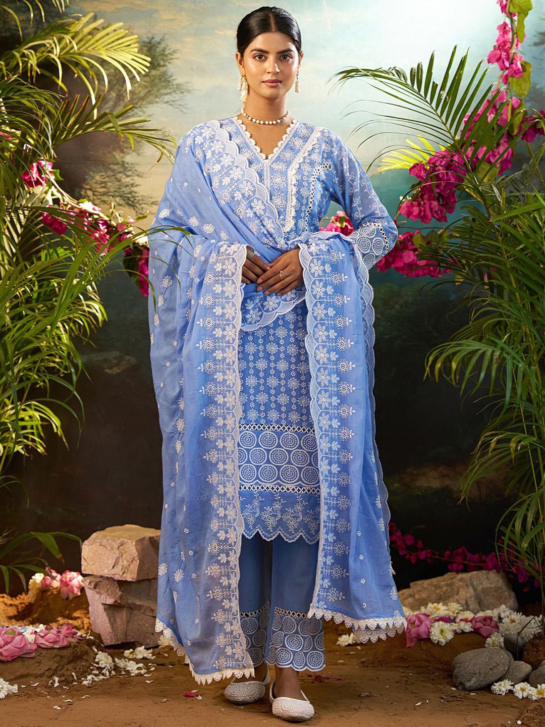 Women Ethnic Motifs Embroidered Cotton Kurta with Trousers & Dupatta