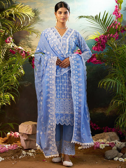 Women Ethnic Motifs Embroidered Cotton Kurta with Trousers & Dupatta