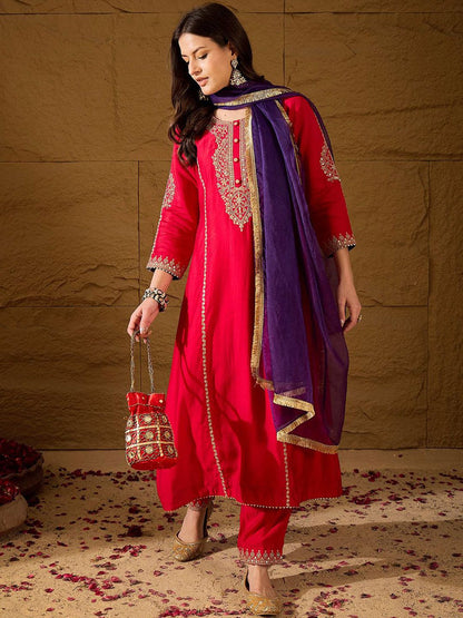 Dhiyona PD Women Embroidered A-Line Kurta & Trousers With Dupatta