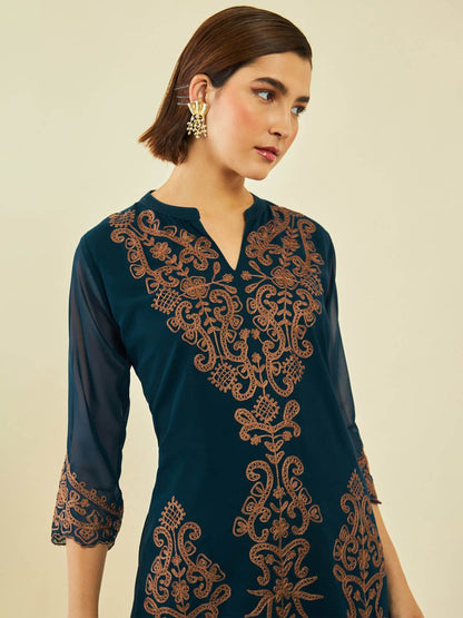 Dhiyona SO Women's Ethnic Motifs Embroidered Regular Band Collar Thread Work Kurta with Palazzos