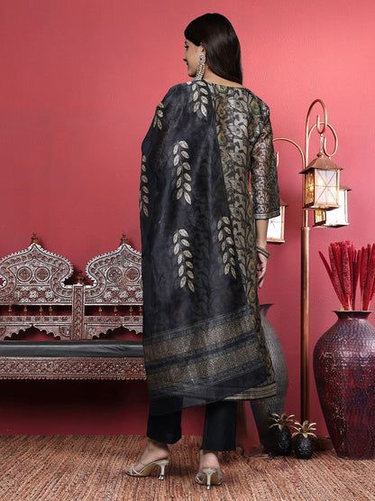Dhiyona VA Women'sGrey Floral Printed Beads and Stones Straight Kurta with Trousers & Dupatta