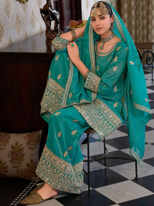 Women Ethnic Motifs Embroidered Mirror Work Kurta with Palazzos & With Dupatta