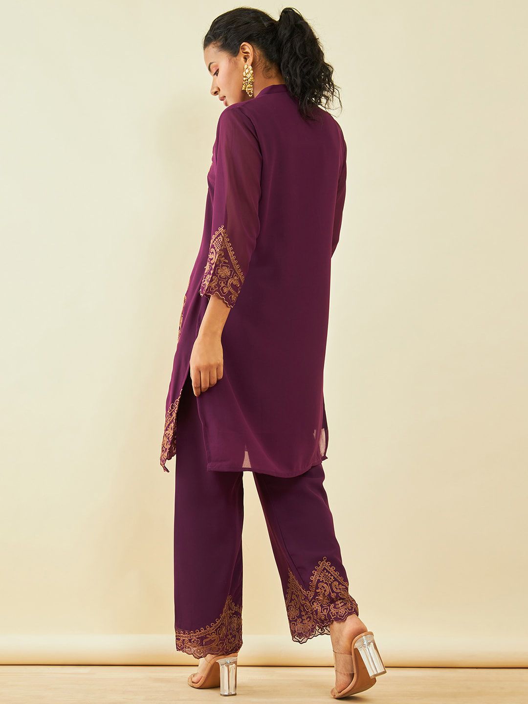 Dhiyona SO Women's Maroon Ethnic Motifs Embroidered Regular Thread Work Kurta with Palazzos