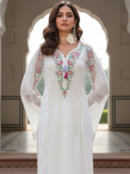 Floral Embroidered Thread Work Pure Cotton Straight Kurta With Trousers & Dupatta