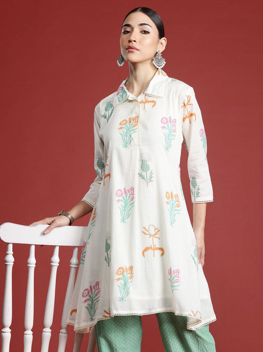 Dhiyona IE Floral Printed Pure Cotton Kurti with Trousers
