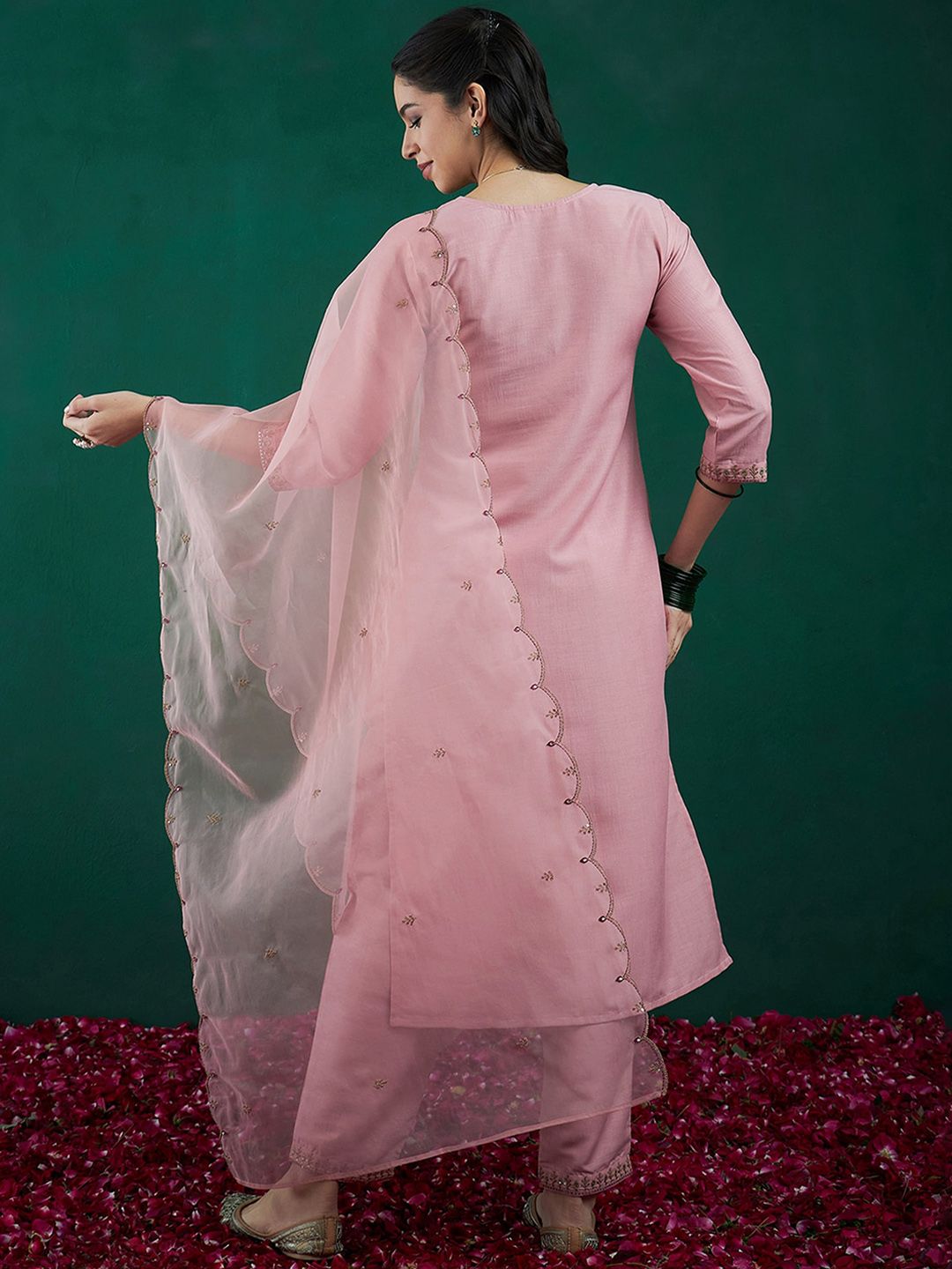Embroidered Regular Sequinned Straight Kurta With Trousers & Dupatta