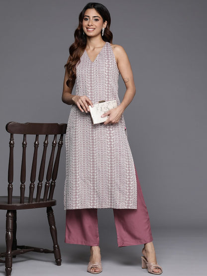 Dhiyona VA Women'sMauve Floral Woven Design Sleeveless Straight Kurta with Palazzos