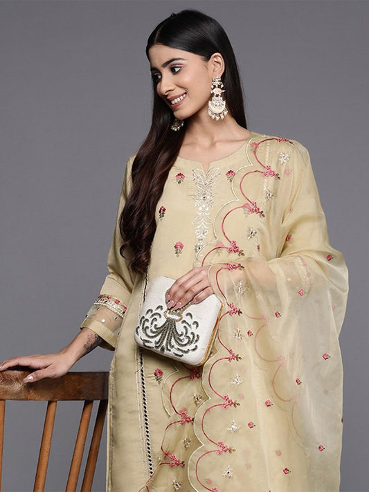 Dhiyona VA Women'sFloral Embroidered Mirror Work Kurta with Trousers & Dupatta