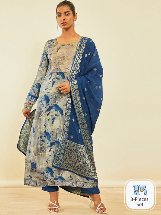 Dhiyona SO Women's Ethnic Motifs Printed Beads and Stones Kurta with Trousers & Dupatta
