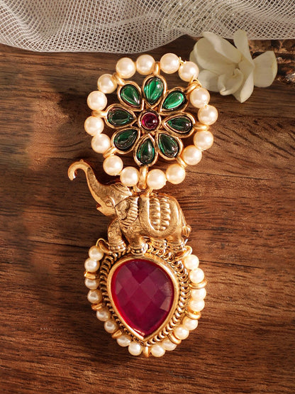 Dhiyona RJ Women's 18K Gold-Plated Red & Green Stone Studded Elephant Motif Earring with Pearl Accents