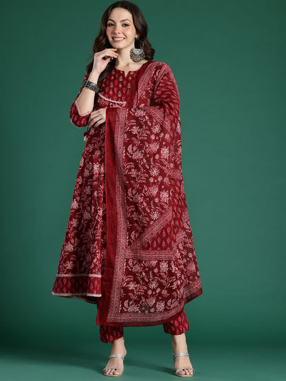 Dhiyona IE Women Floral Printed Pure Cotton Kurta With Trousers & Dupatta