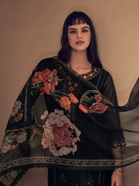 Dhiyona IE Women Floral Embroidered Panelled Thread Work Kurta with Trousers & With Dupatta