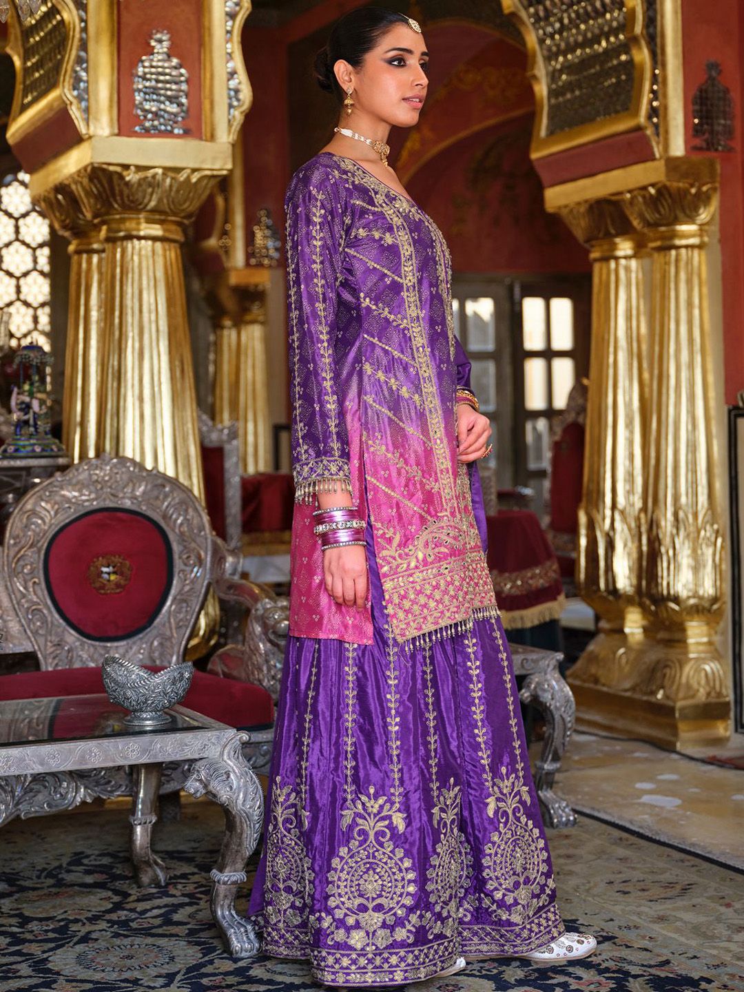 Dhiyona IE Women's Ethnic Motifs Embroidered Mirror Work Kurta with Palazzos & Dupatta