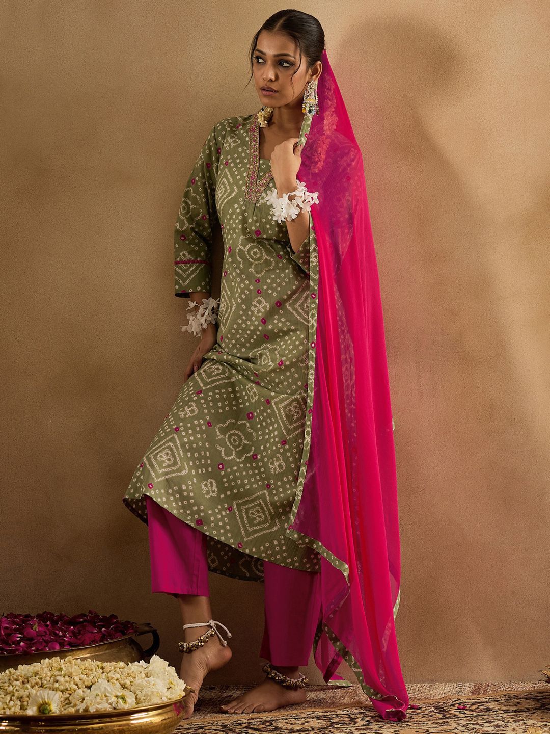 Dhiyona IE Bandhani Printed Pure Cotton Kurta With Trousers & Dupatta