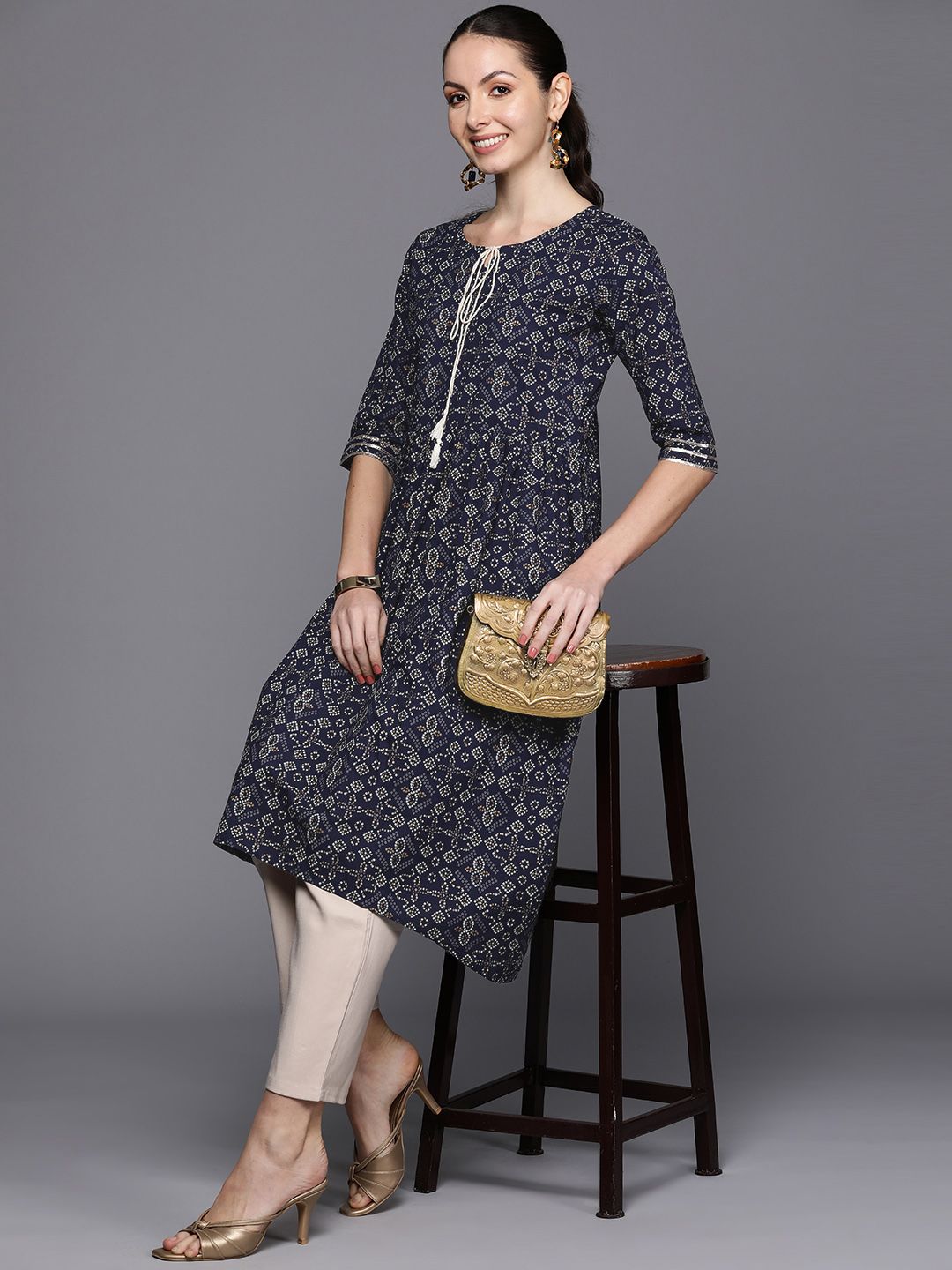 Dhiyona IE Bandhani Foil Printed Tie-Up Neck Indigo Kurta