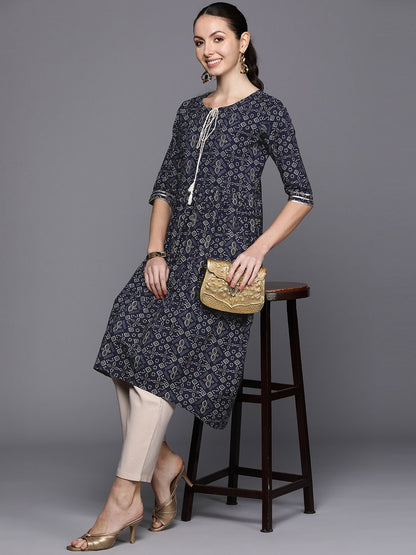 Dhiyona IE Bandhani Foil Printed Tie-Up Neck Indigo Kurta