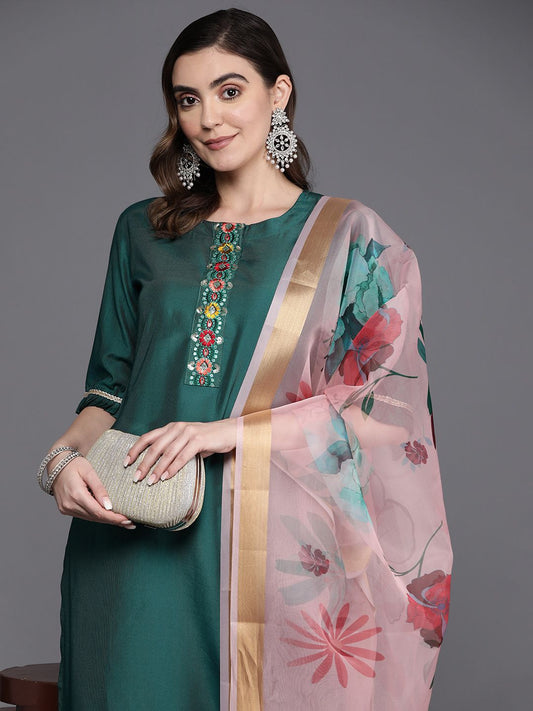 Dhiyona IE Floral Embroidered Regular Thread Work Liva Kurta with Palazzos & Dupatta