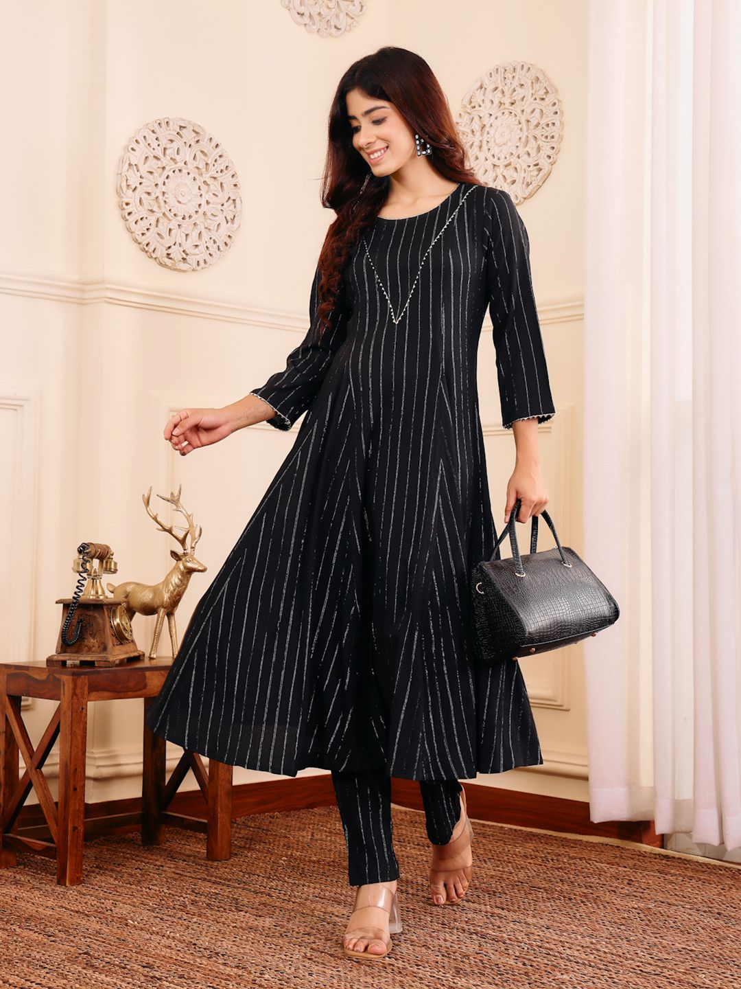 Dhiyona VA Women's Striped Regular Gotta Patti Silk Crepe Kurta with Trouser