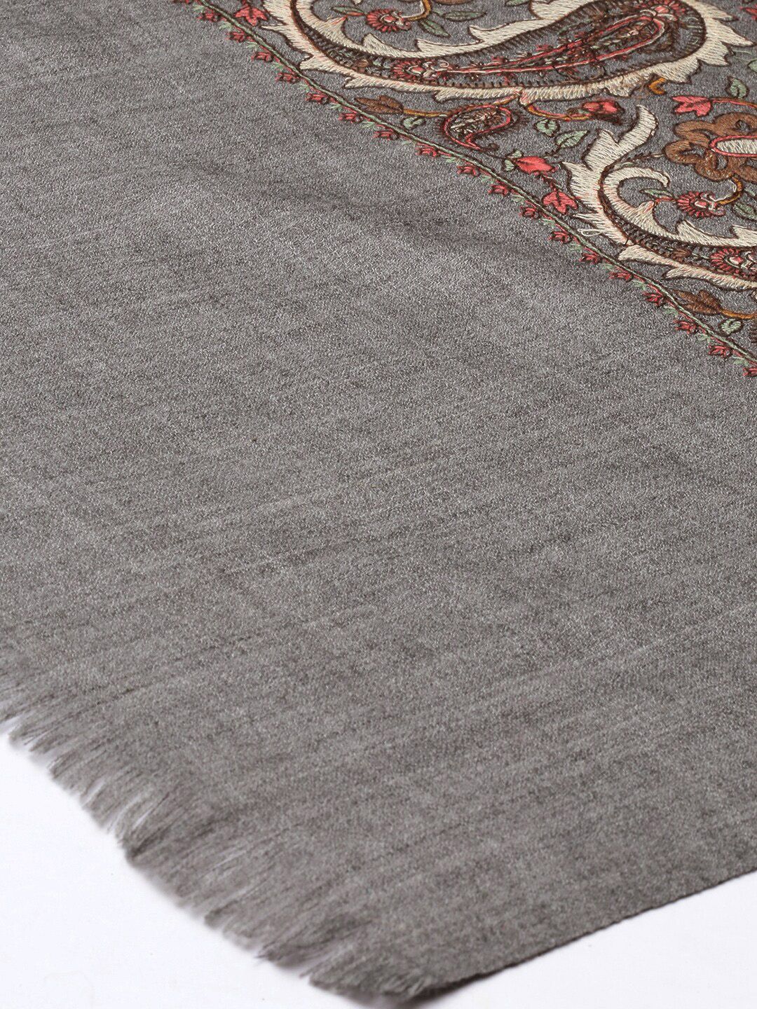 Dhiyona PA Women Grey Melange & Brown Embroidered Woolen Shawl
