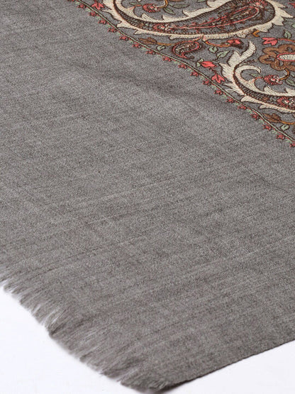 Dhiyona PA Women Grey Melange & Brown Embroidered Woolen Shawl