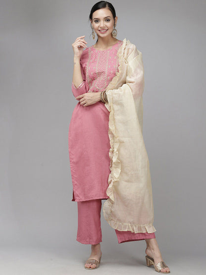 Women Ethnic Motif Embroidered Thread Work Kurta With Trousers & Dupatta