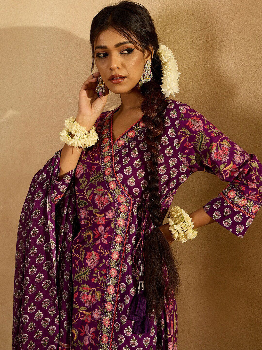 Dhiyona IE Purple Floral Printed Angrakha V-Neck Thread Work Pure Cotton A-Line Kurta Set