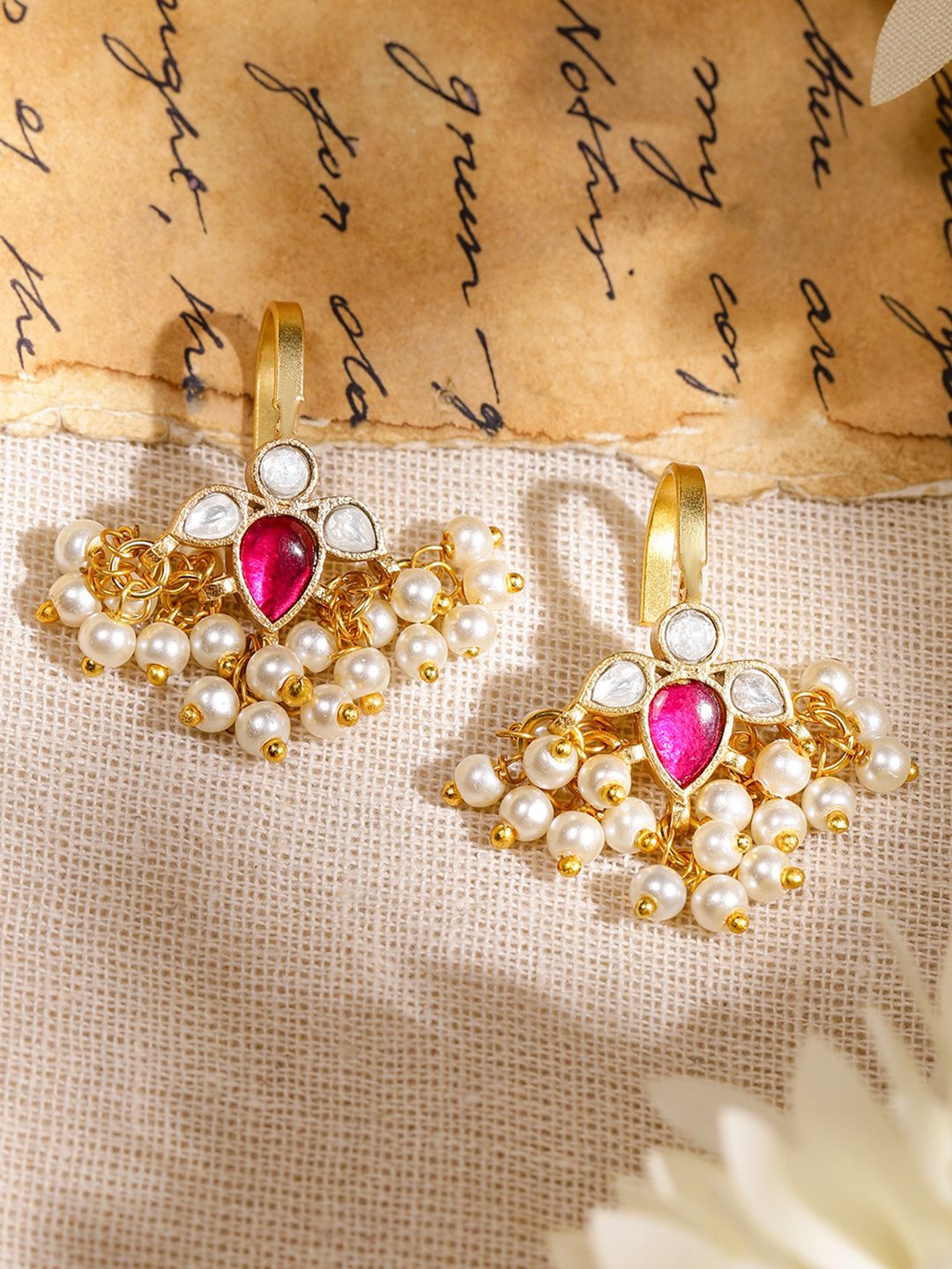 Dhiyona RJ Women's 22K Gold-Plated Ruby Pink & White Kundan Handcrafted Ear Cuff with Pearl Beads