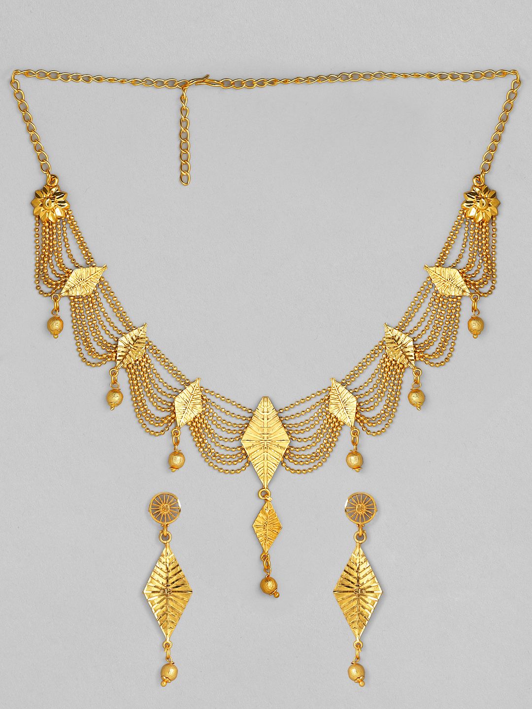 Dhiyona RJ Women's 22K Gold Plated multilayered Leaf Design Necklace Set with Matching Earrings
