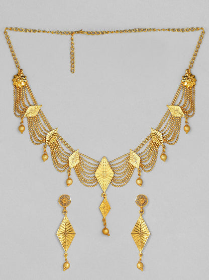 Dhiyona RJ Women's 22K Gold Plated multilayered Leaf Design Necklace Set with Matching Earrings