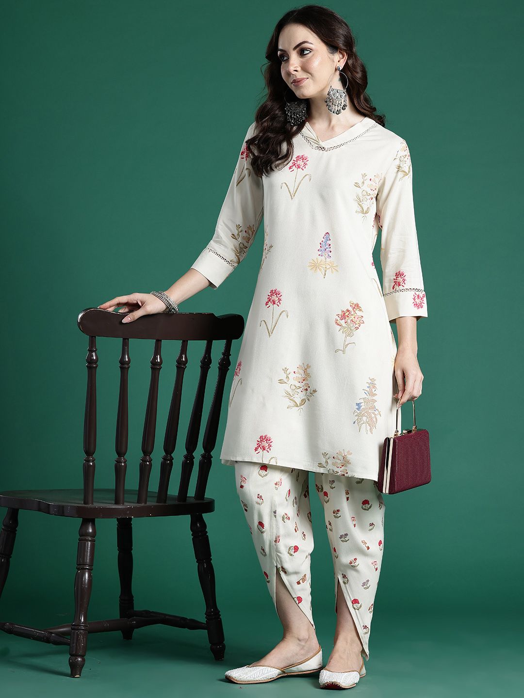 Floral Printed Regular Fusion Kurta with Dhoti Pants