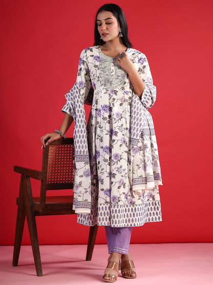 Dhiyona IE Floral Printed Thread Work Pure Cotton Kurta with Trouser & Dupatta