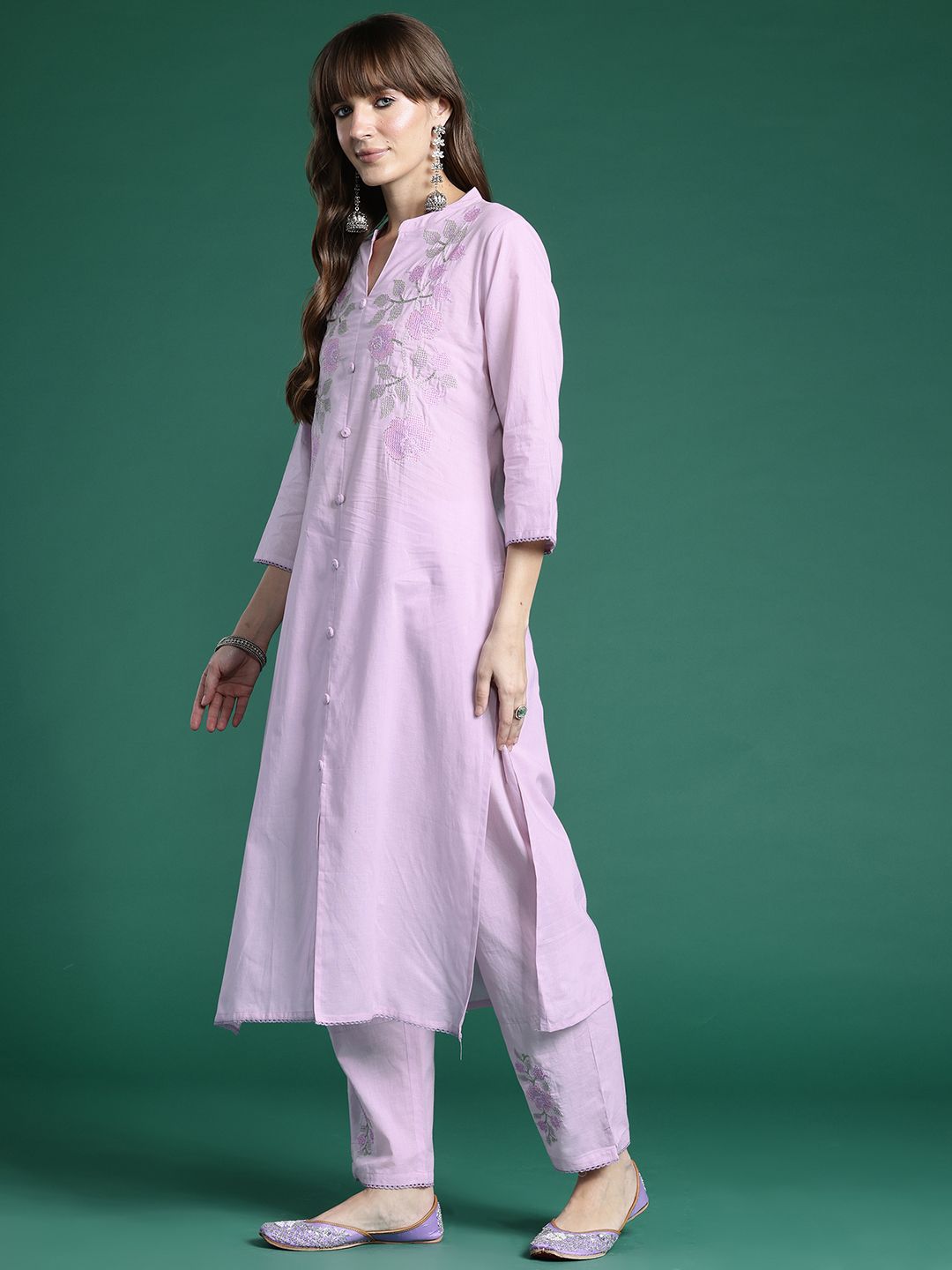 Dhiyona IE Floral Embroidered Thread Work Pure Cotton Kurta with Trousers