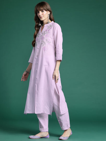 Dhiyona IE Floral Embroidered Thread Work Pure Cotton Kurta with Trousers