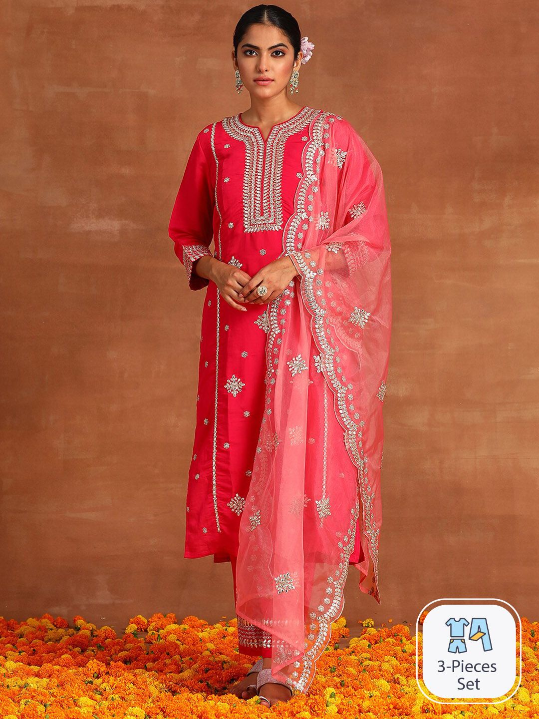 Ethnic Motifs Embroidered Regular Thread Work Kurta With Trousers & With Dupatta
