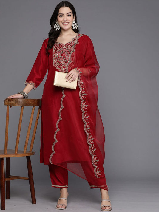 Dhiyona IE Floral Yoke Design Straight Sequined Kurta with Trousers & Dupatta