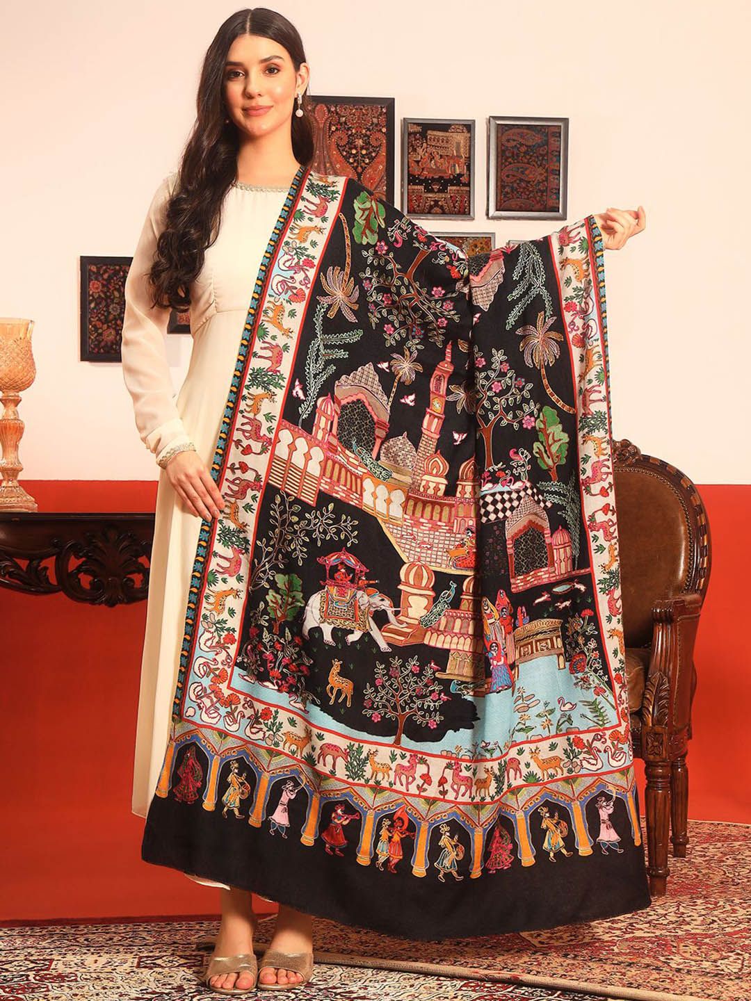 Dhiyona PA Ethnic Motifs Woven Design Naqqashi Pure Wool Kalamkari Shawl