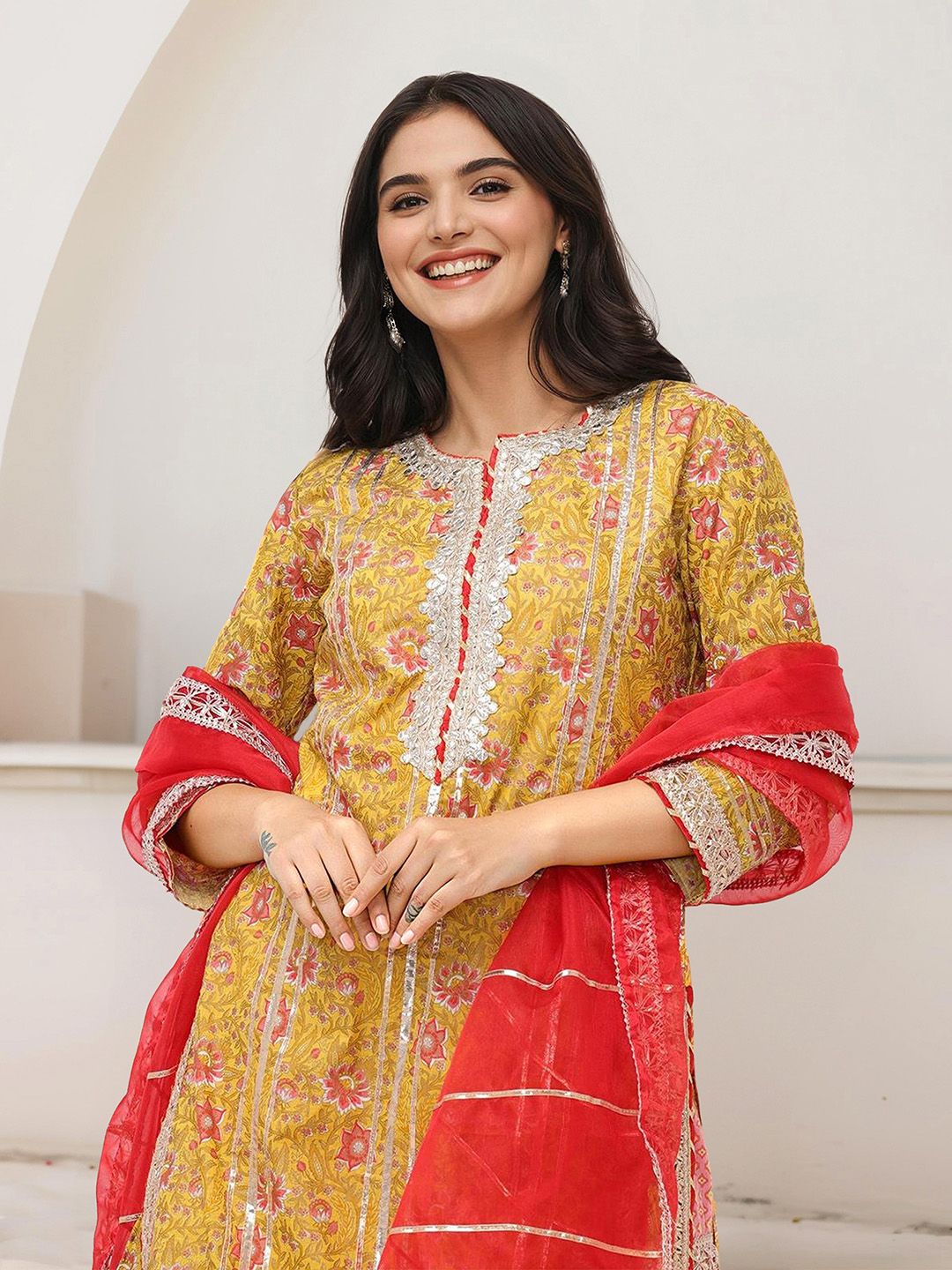 Dhiyona IS Women's Floral Printed Pure Cotton Anarkali Kurta With Sharara & Dupatta