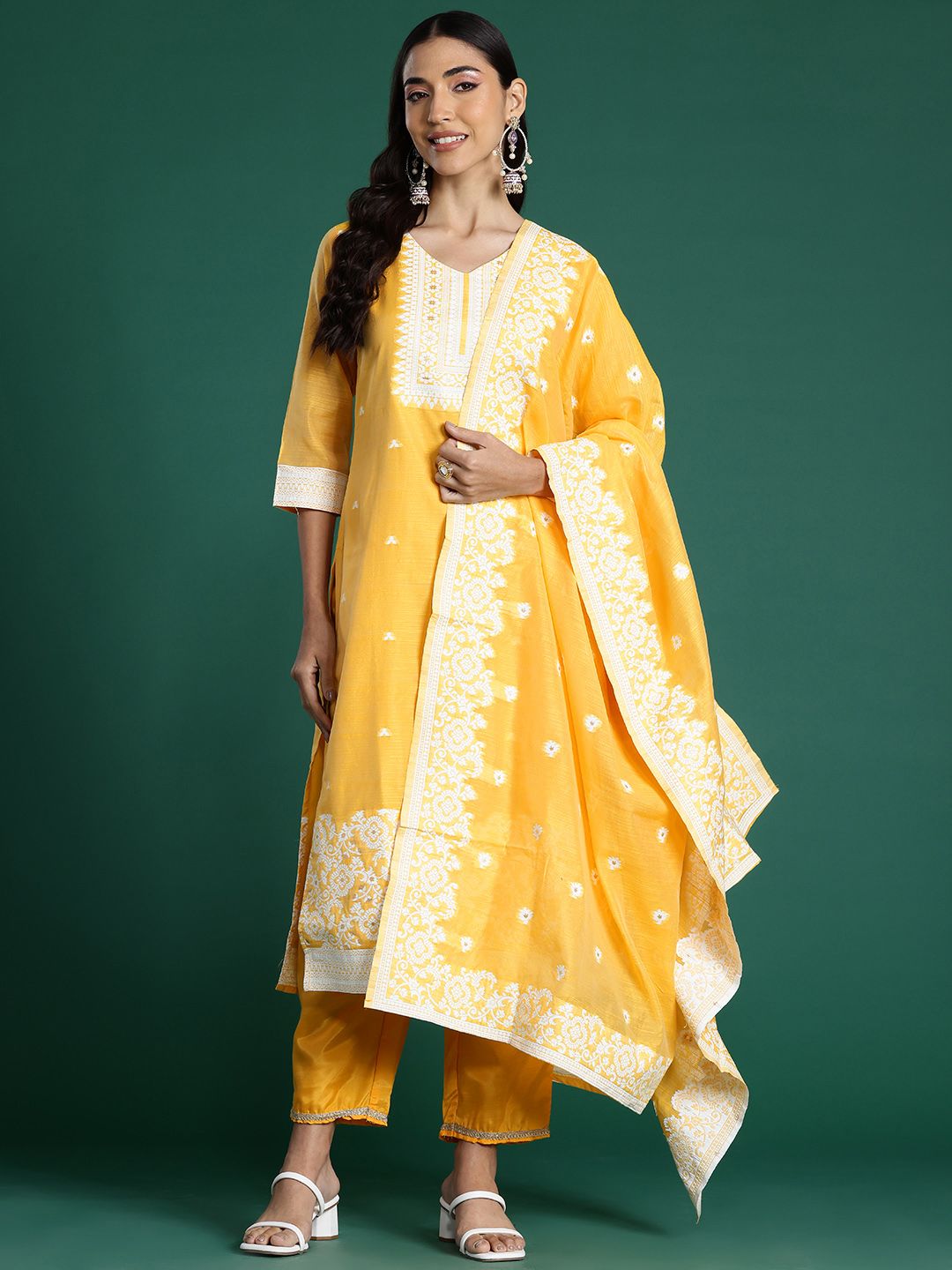 Dhiyona IE Woven Design Jacquard Chanderi Silk Kurta With Trousers & Dupatta