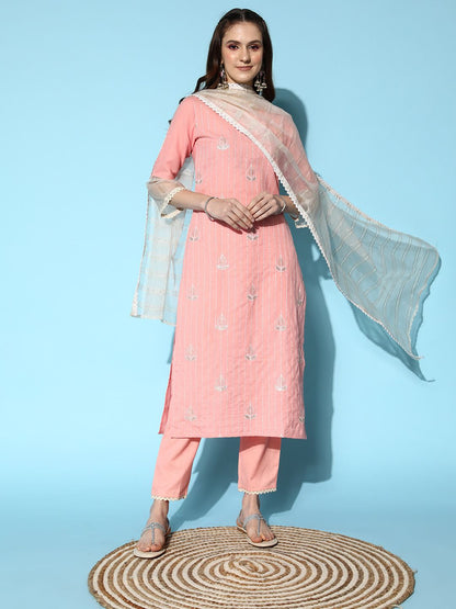 Women Peach-Coloured Ethnic Motifs Embroidered Sequinned Kurta Set