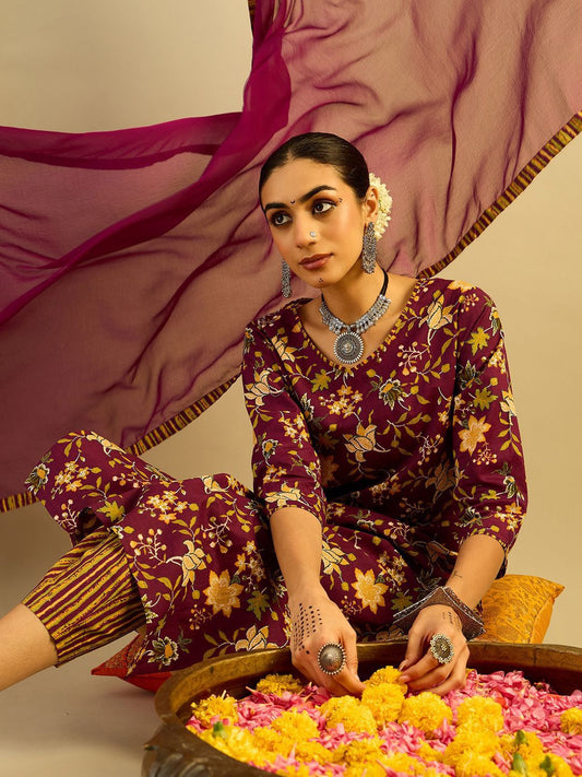 Floral Printed V-Neck Pure Cotton Straight Kurta With Trousers & Dupatta