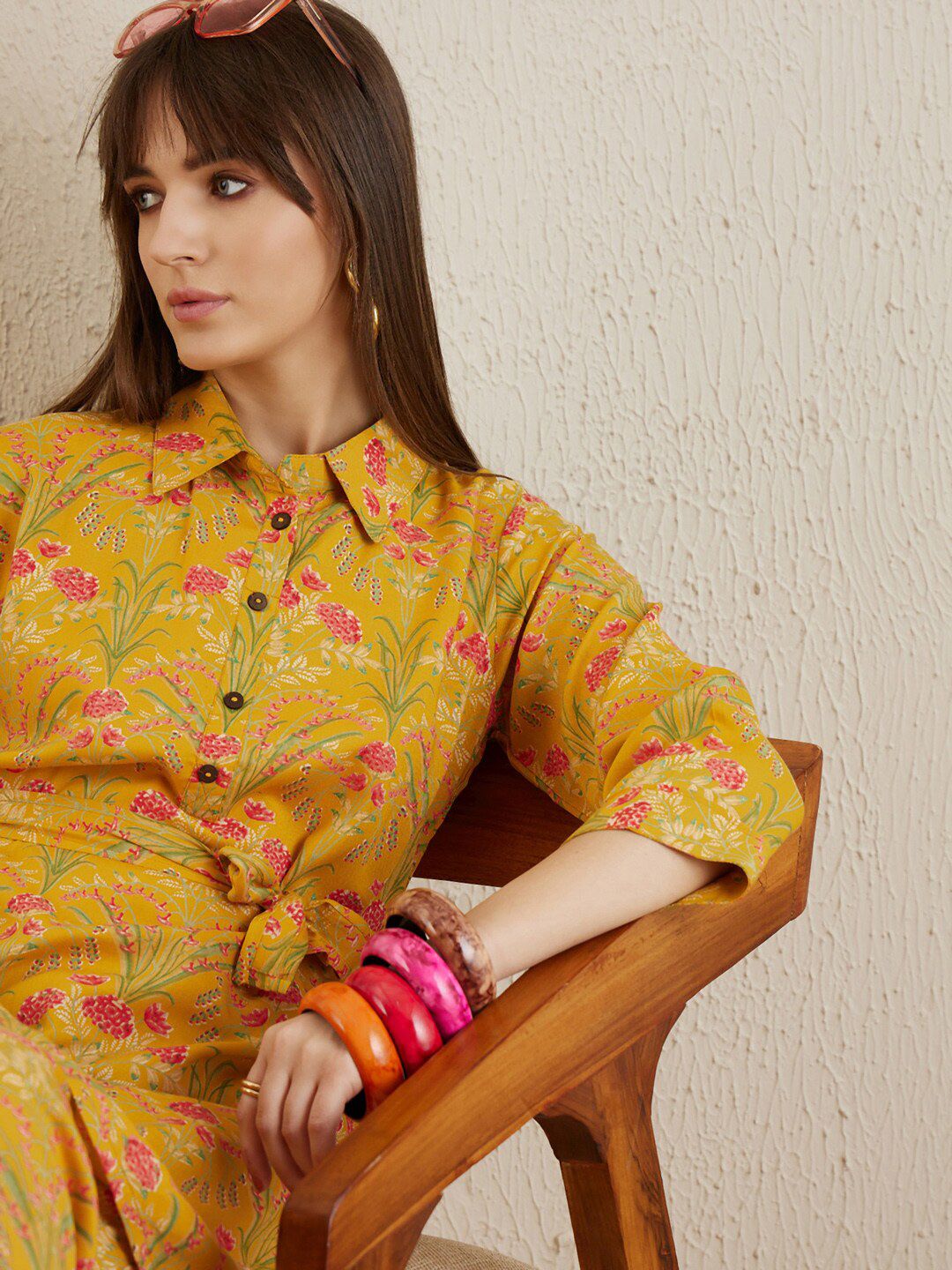 Dhiyona IE Floral Printed Shirt Collar Tunic With Trousers