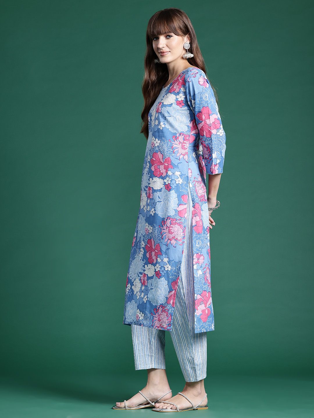 Dhiyona IE Floral Printed Pure Cotton Kurta With Trousers & Dupatta