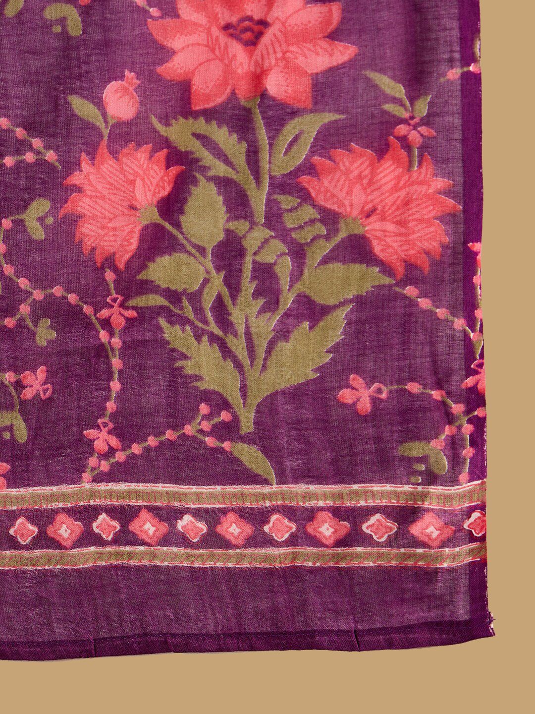 Dhiyona IE Purple Floral Printed Angrakha V-Neck Thread Work Pure Cotton A-Line Kurta Set