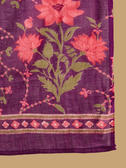 Dhiyona IE Purple Floral Printed Angrakha V-Neck Thread Work Pure Cotton A-Line Kurta Set