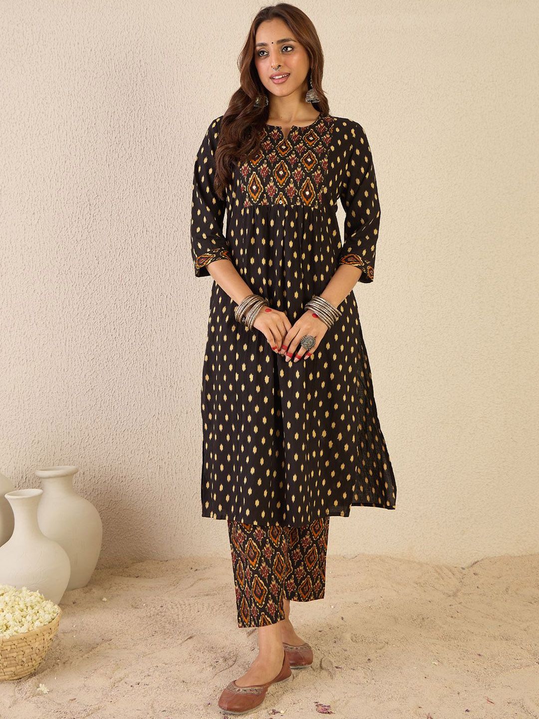 Dhiyona IE Women Printed Pleated Mirror Work Pure Cotton Kurta with Trousers