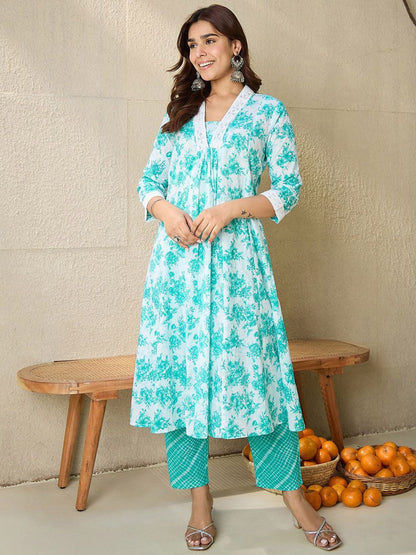 Floral Printed V-Neck Pure Cotton A-Line Kurta With Trousers