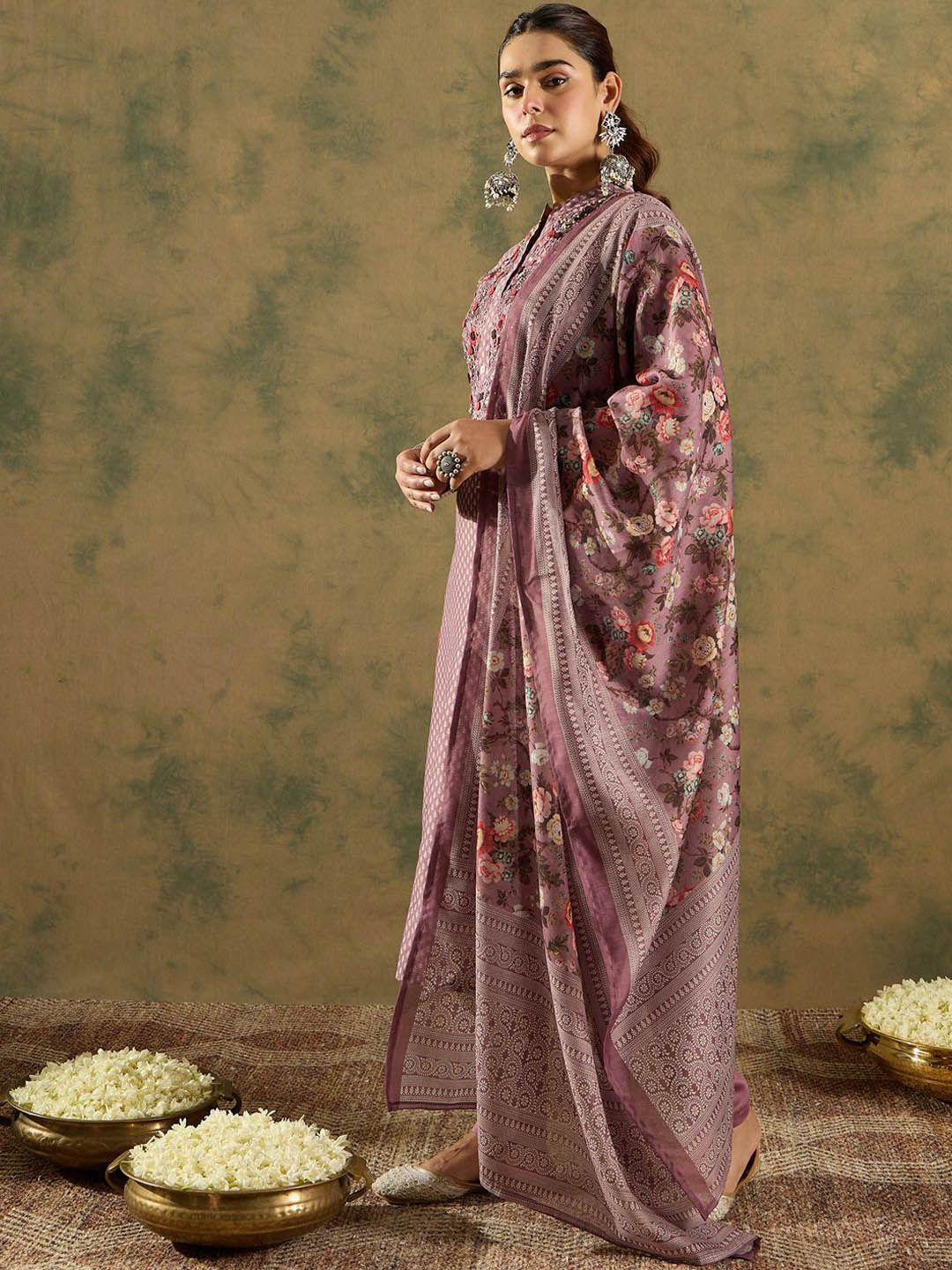 Floral Printed Thread Work Chanderi Silk Straight Kurta with Trouser & Dupatta