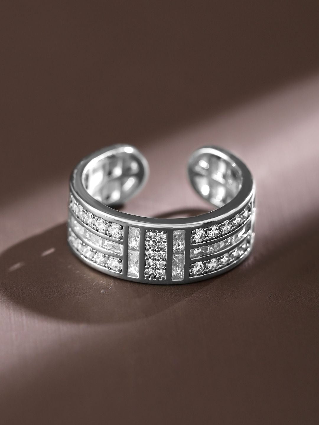 Dhiyona RJ Women's Rhodium Plated Adjustable Openable Ring with Baguette & Pave Cubic Zirconia