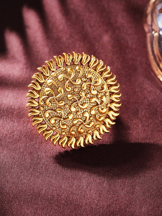 Dhiyona RJ Women's 22K Pure Gold-Plated Temple Statement Adjustable Finger Ring