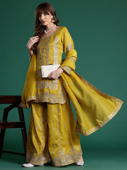 Ethnic Motifs Embroidered Sequinned Kurta with Palazzos & With Dupatta